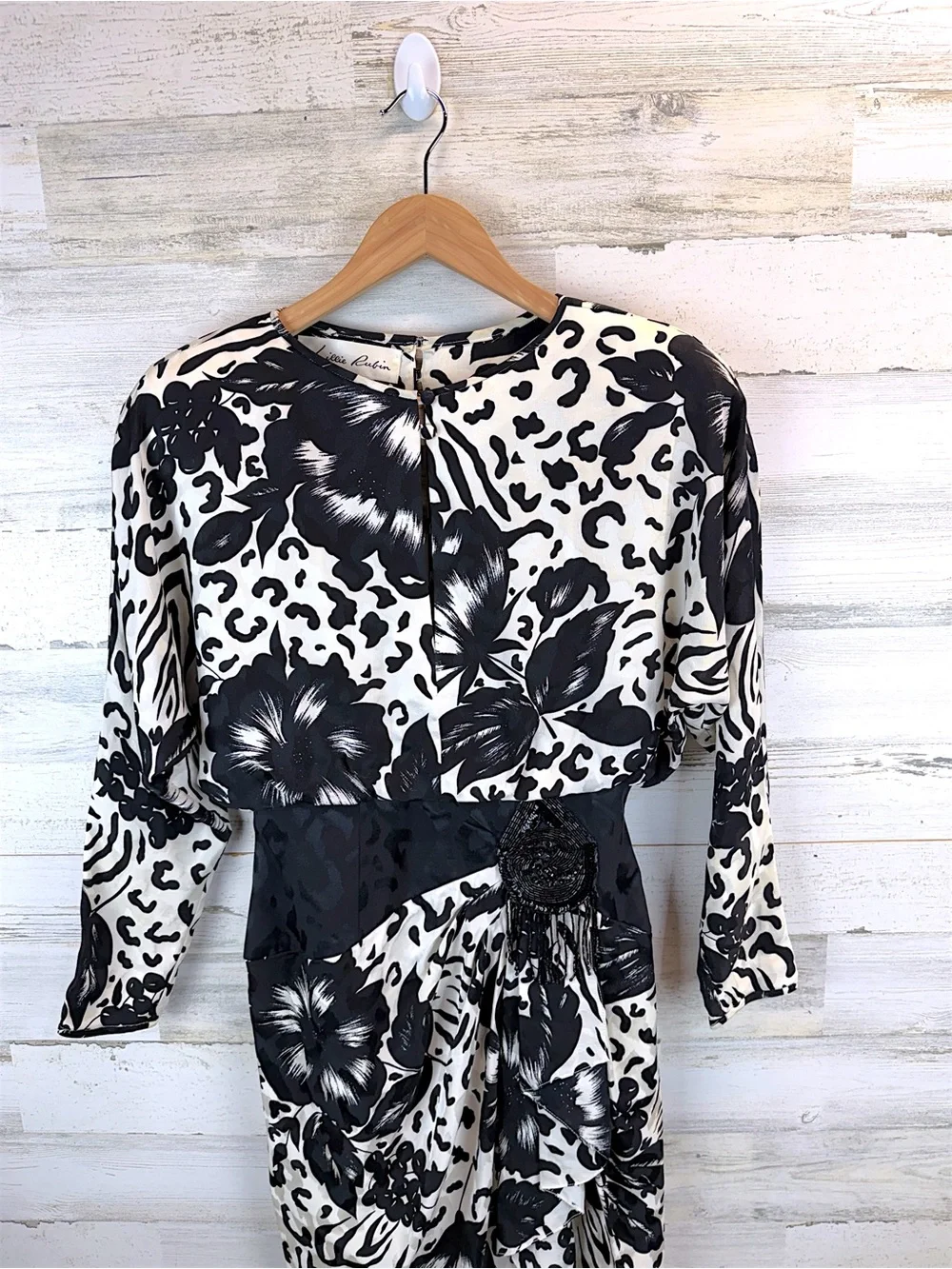 Vintage Lillie Rubin 100% Silk Cocktail Dress Black White Beaded Size 8 - Picture 5 of 14